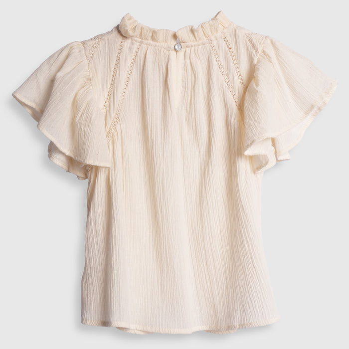 Kids Girls Top in Off-White with Ruffle Neck, Flutter Sleeves & Soft Comfort Fabric