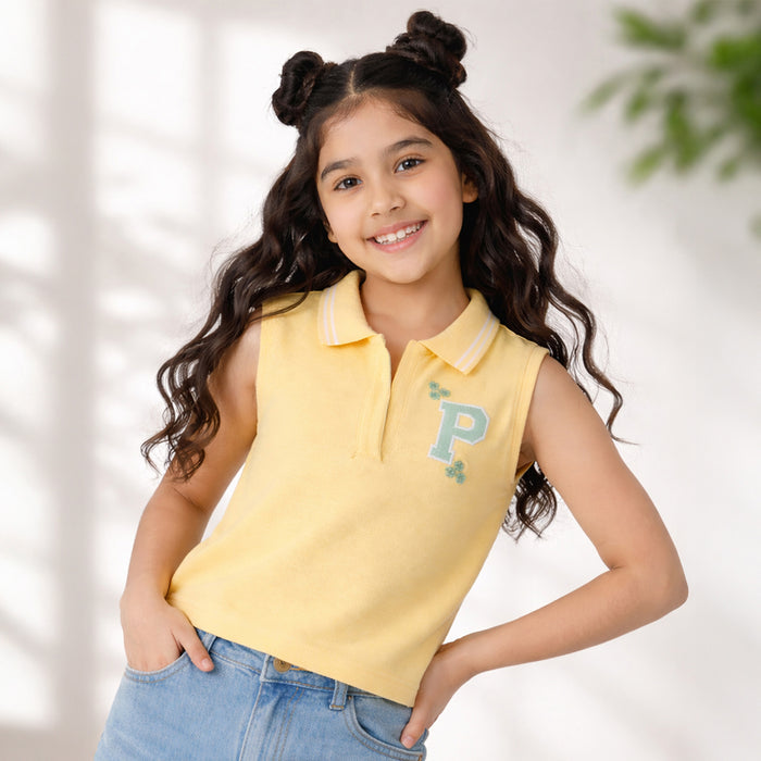 Kids Girls Top in Yellow Breathable Fabric with Sleeveless Polo Collar for Summer Casual Wear