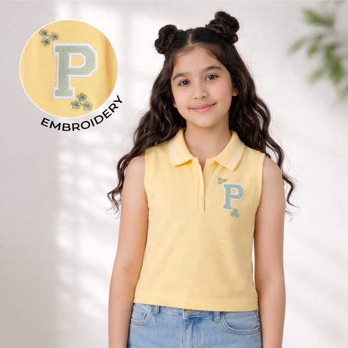 Kids Girls Top in Yellow Breathable Fabric with Sleeveless Polo Collar for Summer Casual Wear