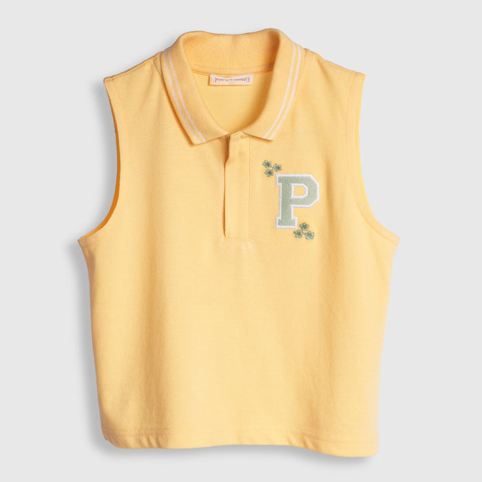 Kids Girls Top in Yellow Breathable Fabric with Sleeveless Polo Collar for Summer Casual Wear