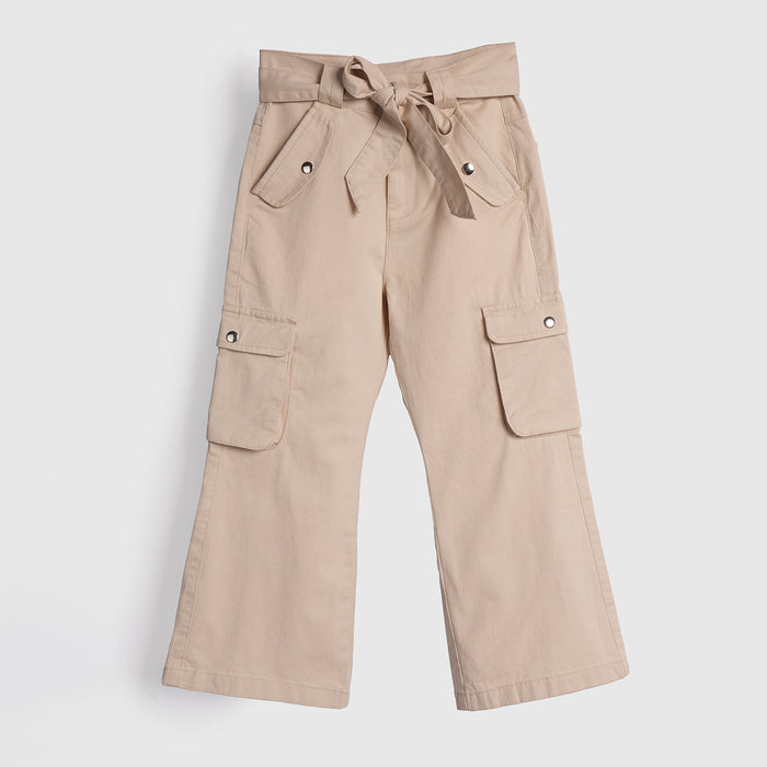 Kids Girls Trousers in Beige with Tie-Up Waist, Cargo Utility Pockets & Wide Leg Comfort Fit