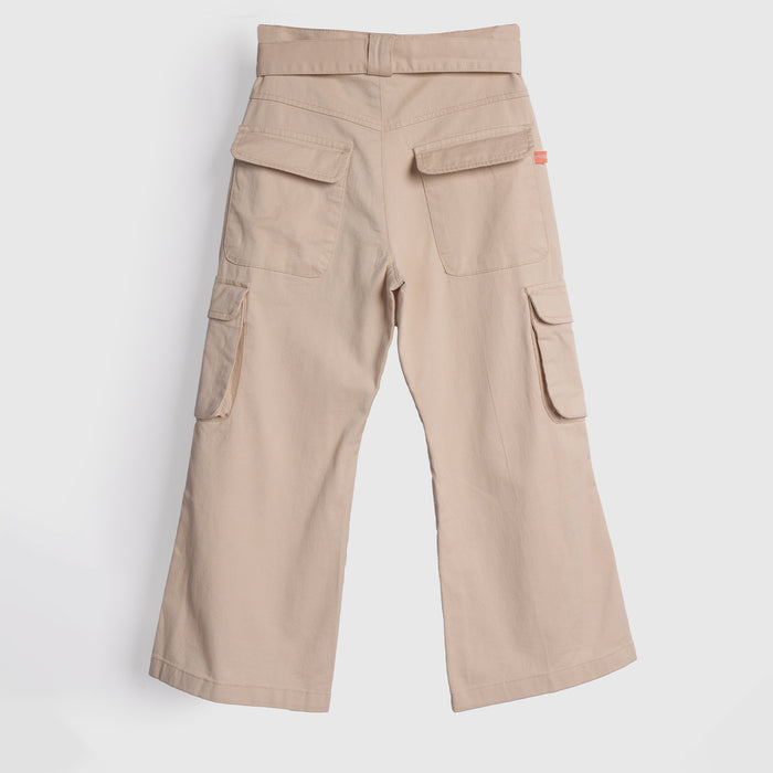 Kids Girls Trousers in Beige with Tie-Up Waist, Cargo Utility Pockets & Wide Leg Comfort Fit