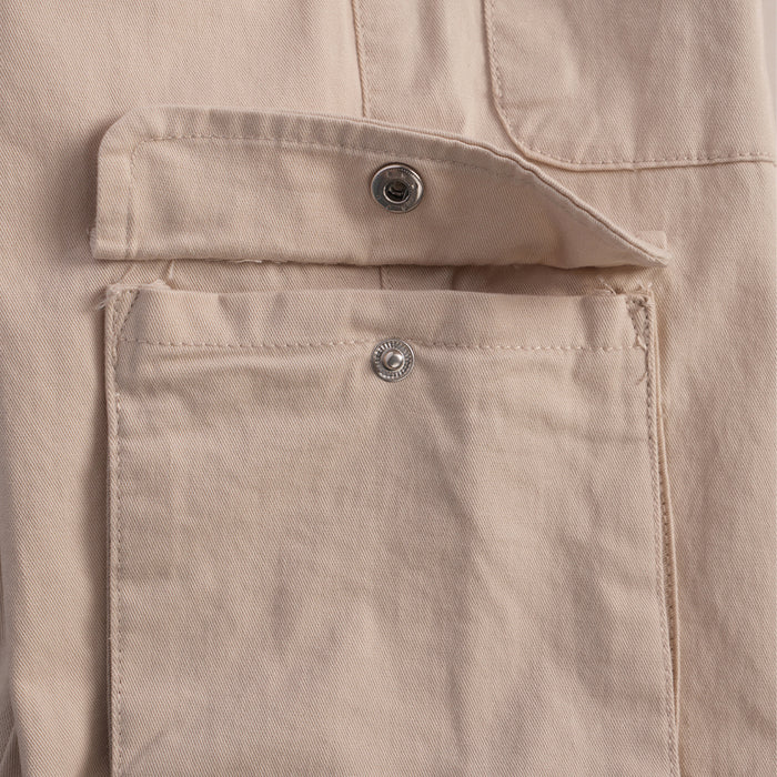 Kids Girls Trousers in Beige with Tie-Up Waist, Cargo Utility Pockets & Wide Leg Comfort Fit