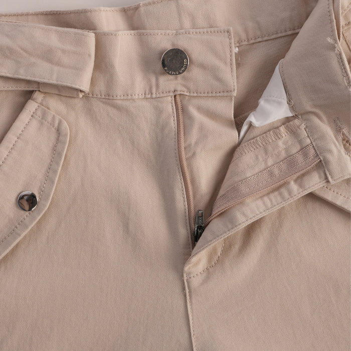Kids Girls Trousers in Beige with Tie-Up Waist, Cargo Utility Pockets & Wide Leg Comfort Fit