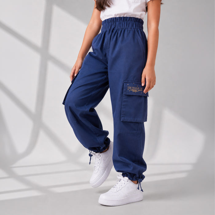 Kids Girls Trousers in Blue with Elasticated Waistband, Cargo Pockets & Relaxed Fit