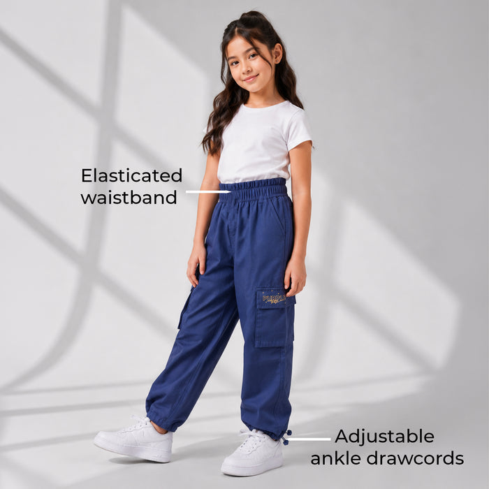 Kids Girls Trousers in Blue with Elasticated Waistband, Cargo Pockets & Relaxed Fit