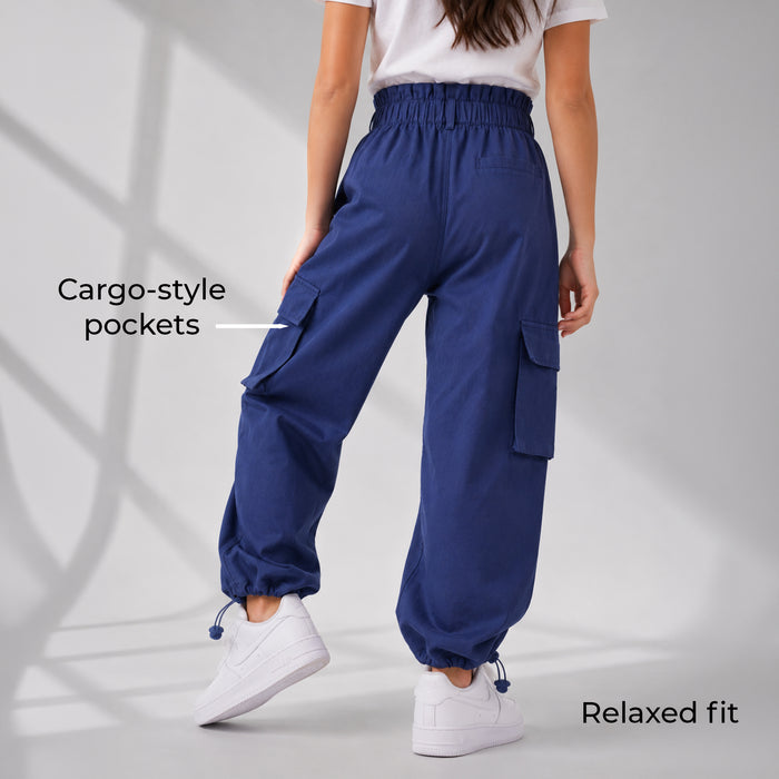 Kids Girls Trousers in Blue with Elasticated Waistband, Cargo Pockets & Relaxed Fit