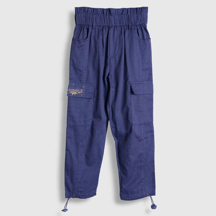 Kids Girls Trousers in Blue with Elasticated Waistband, Cargo Pockets & Relaxed Fit
