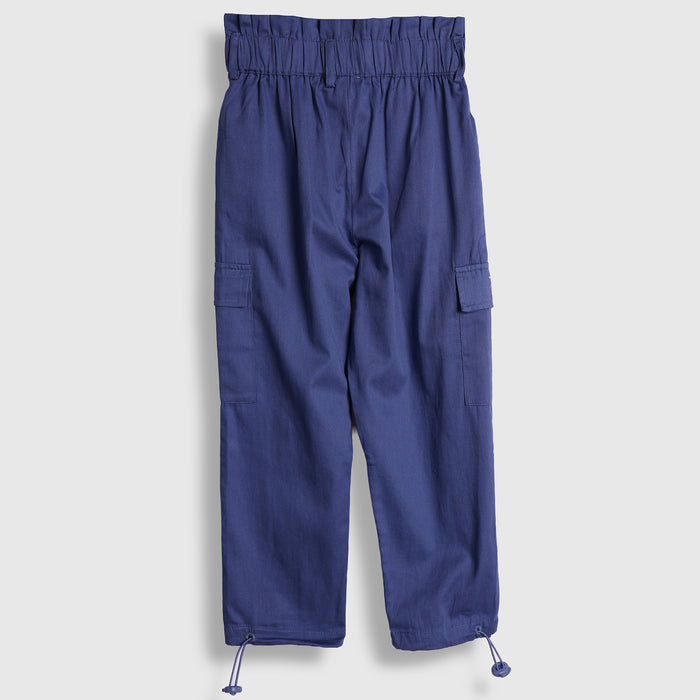 Kids Girls Trousers in Blue with Elasticated Waistband, Cargo Pockets & Relaxed Fit