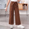 Kids Girls Trousers in Brown with Tie-Up Waist, Cargo Utility Pockets & Wide Leg Comfort Fit