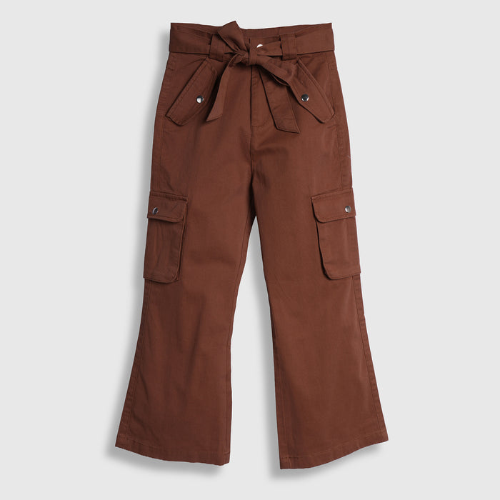 Kids Girls Trousers in Brown with Tie-Up Waist, Cargo Utility Pockets & Wide Leg Comfort Fit