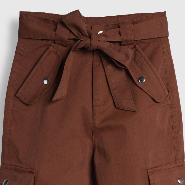 Kids Girls Trousers in Brown with Tie-Up Waist, Cargo Utility Pockets & Wide Leg Comfort Fit