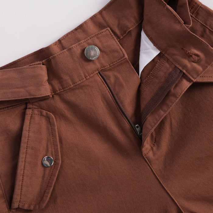 Kids Girls Trousers in Brown with Tie-Up Waist, Cargo Utility Pockets & Wide Leg Comfort Fit
