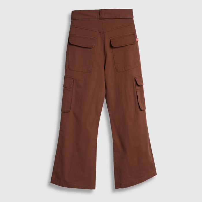 Kids Girls Trousers in Brown with Tie-Up Waist, Cargo Utility Pockets & Wide Leg Comfort Fit