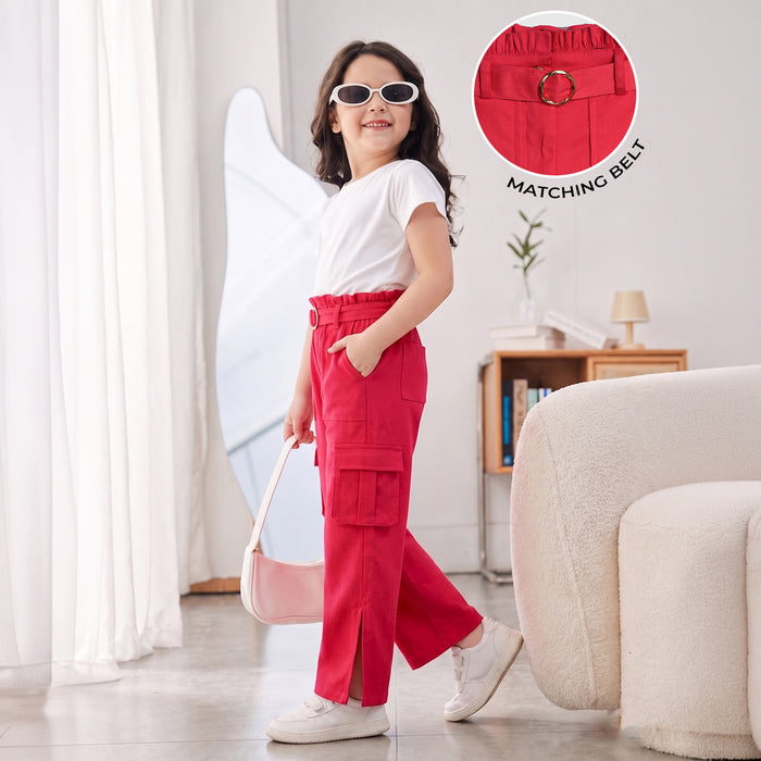Kids Girls Trousers in Orange with Wide Leg, Cargo Pockets & Belt, Soft Premium Comfort Fit
