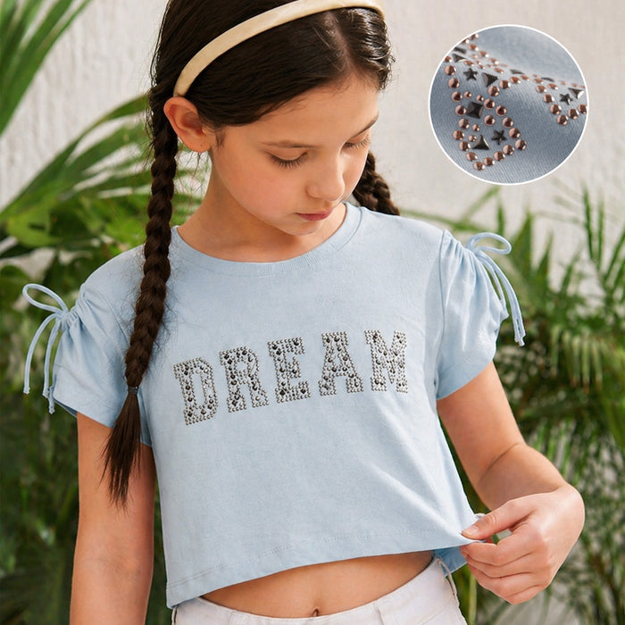 Kids Girls Tshirt in Light Blue with Tie Sleeves & Breathable Cotton Fabric for Summer Wear