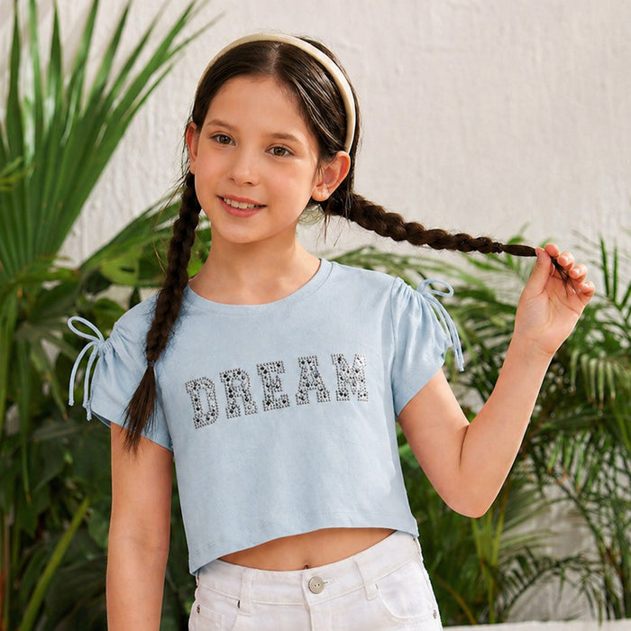Kids Girls Tshirt in Light Blue with Tie Sleeves & Breathable Cotton Fabric for Summer Wear