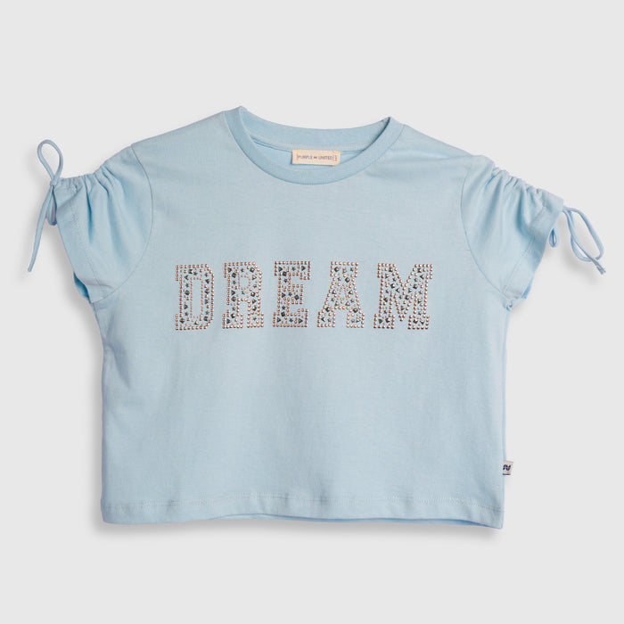 Kids Girls Tshirt in Light Blue with Tie Sleeves & Breathable Cotton Fabric for Summer Wear
