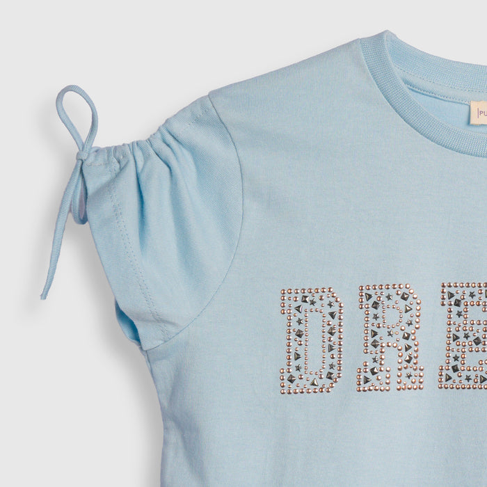 Kids Girls Tshirt in Light Blue with Tie Sleeves & Breathable Cotton Fabric for Summer Wear