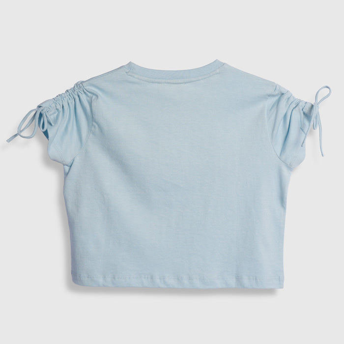 Kids Girls Tshirt in Light Blue with Tie Sleeves & Breathable Cotton Fabric for Summer Wear
