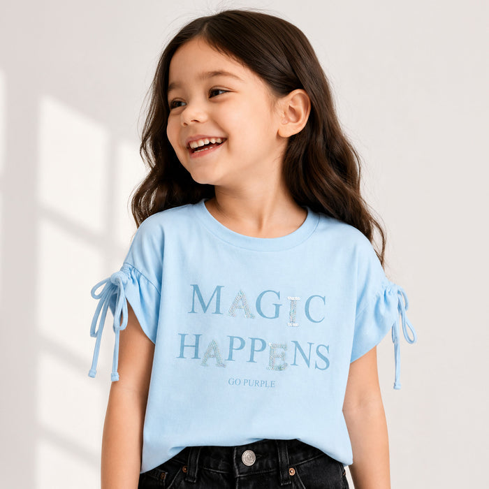 Kids Girls Tshirt in Light Blue with Typography Print & Adjustable Sleeve Tie-Up Comfort