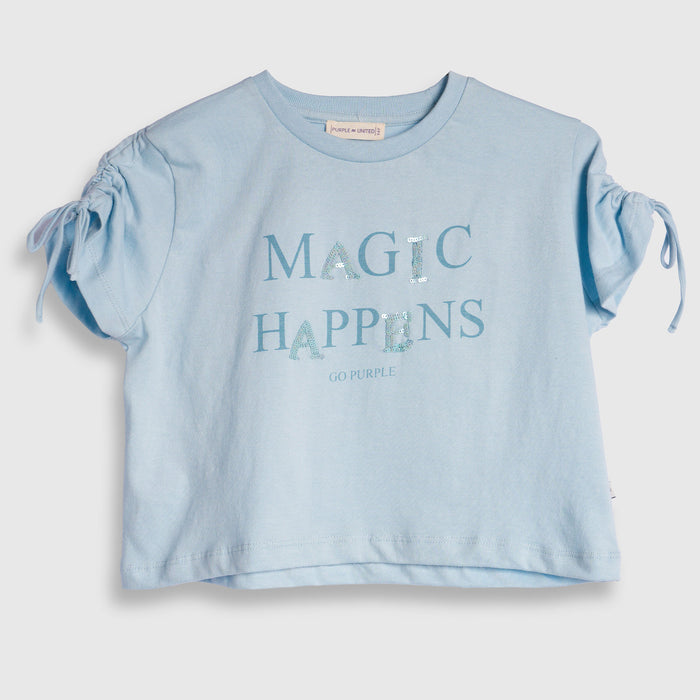 Kids Girls Tshirt in Light Blue with Typography Print & Adjustable Sleeve Tie-Up Comfort