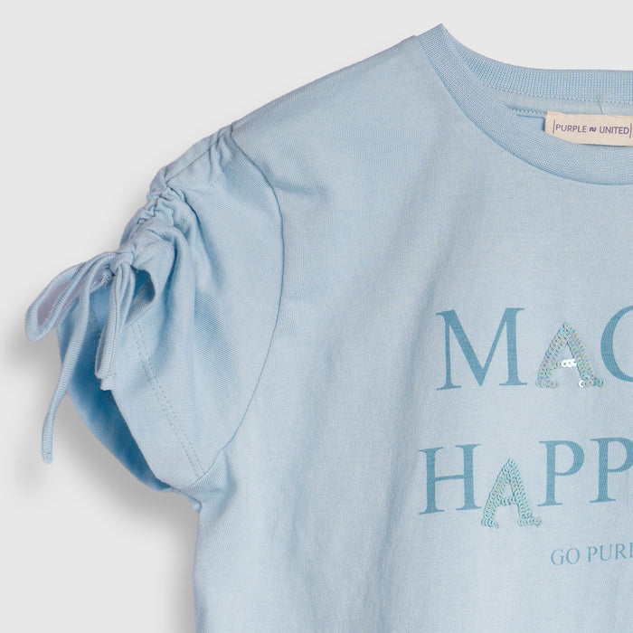 Kids Girls Tshirt in Light Blue with Typography Print & Adjustable Sleeve Tie-Up Comfort