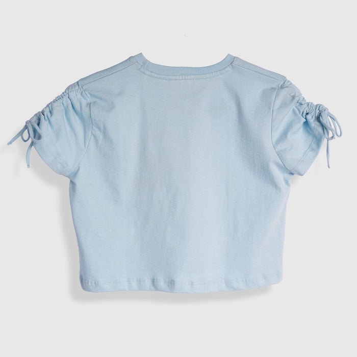Kids Girls Tshirt in Light Blue with Typography Print & Adjustable Sleeve Tie-Up Comfort