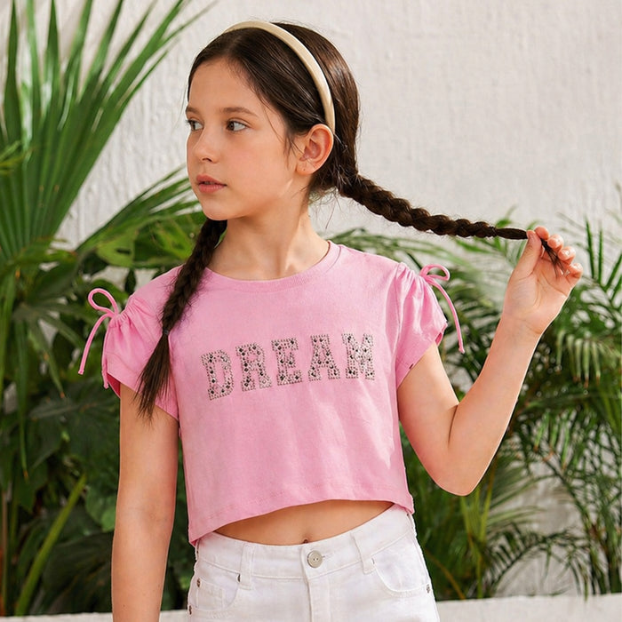 Kids Girls Tshirt in Light Pink with Tie Sleeves & Breathable Cotton Fabric for Summer Wear
