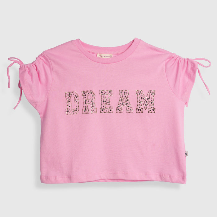 Kids Girls Tshirt in Light Pink with Tie Sleeves & Breathable Cotton Fabric for Summer Wear