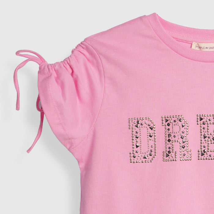 Kids Girls Tshirt in Light Pink with Tie Sleeves & Breathable Cotton Fabric for Summer Wear