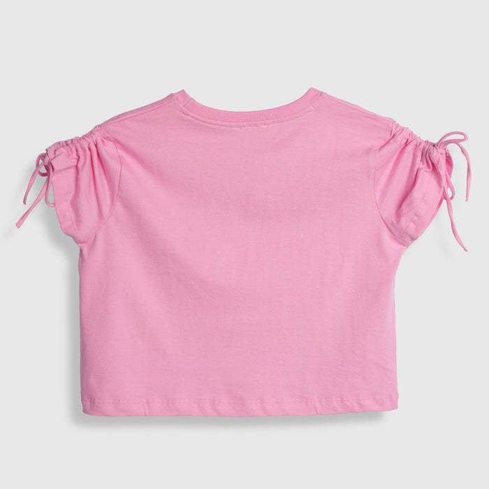 Kids Girls Tshirt in Light Pink with Tie Sleeves & Breathable Cotton Fabric for Summer Wear