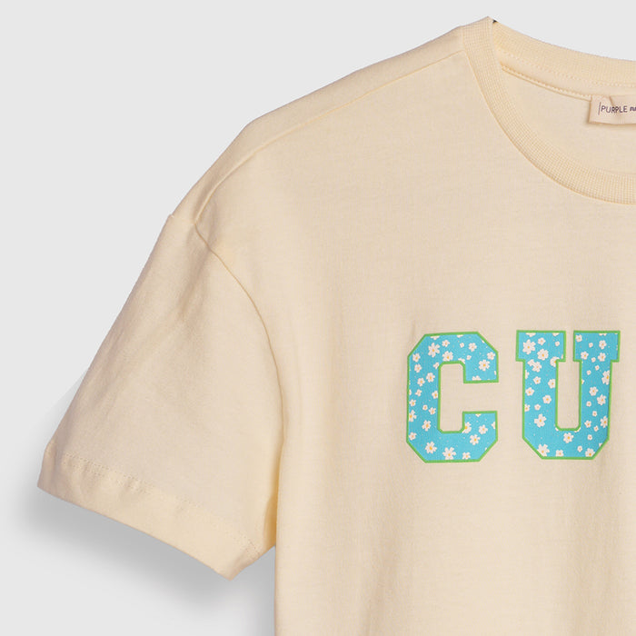 Kids Girls Tshirt in Light Yellow with Graphic Print, Soft Cotton Fabric & Comfortable Fit