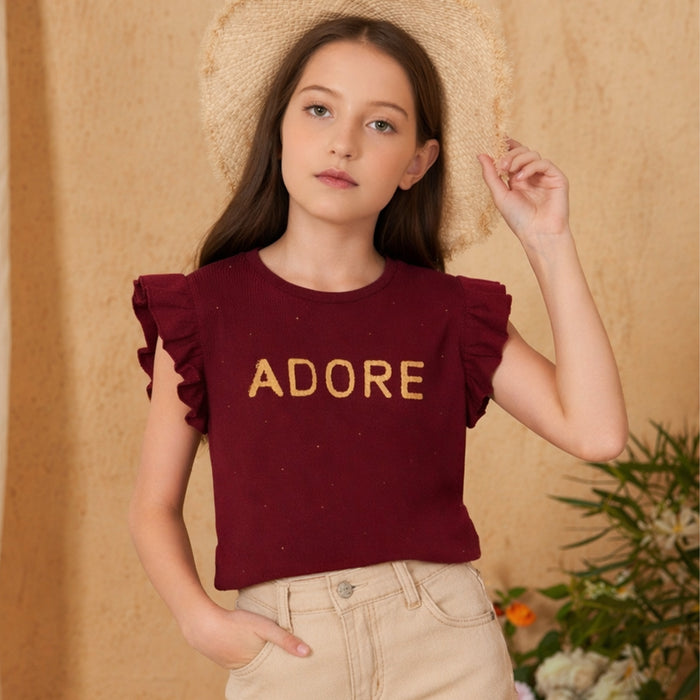 Kids Girls Tshirt in Maroon with Ruffle Sleeves & Soft Cotton Feel, Perfect for Summers