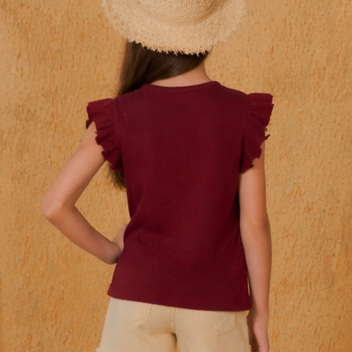 Kids Girls Tshirt in Maroon with Ruffle Sleeves & Soft Cotton Feel, Perfect for Summers