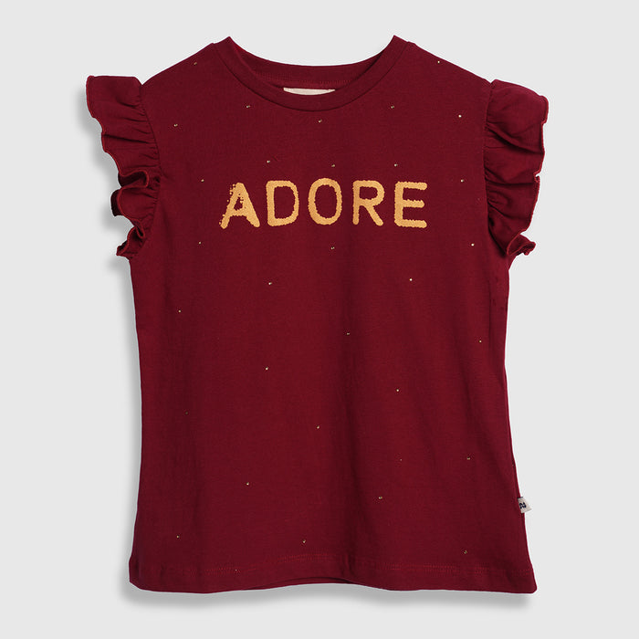 Kids Girls Tshirt in Maroon with Ruffle Sleeves & Soft Cotton Feel, Perfect for Summers