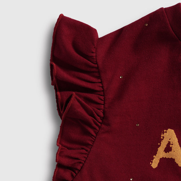 Kids Girls Tshirt in Maroon with Ruffle Sleeves & Soft Cotton Feel, Perfect for Summers