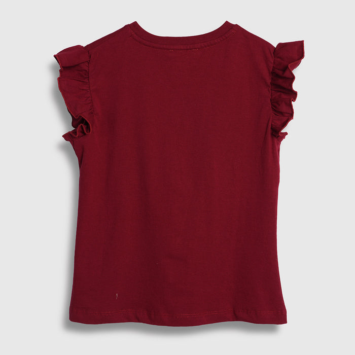 Kids Girls Tshirt in Maroon with Ruffle Sleeves & Soft Cotton Feel, Perfect for Summers