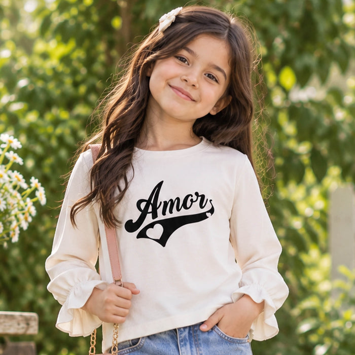 Kids Girls Tshirt in Off White with Graphic Print, Crew Neck, Soft Fabric & Flared Cuff Sleeves