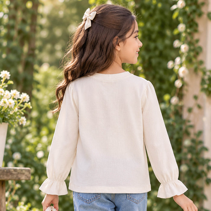Kids Girls Tshirt in Off White with Graphic Print, Crew Neck, Soft Fabric & Flared Cuff Sleeves