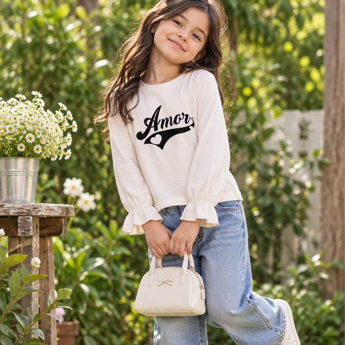 Kids Girls Tshirt in Off White with Graphic Print, Crew Neck, Soft Fabric & Flared Cuff Sleeves