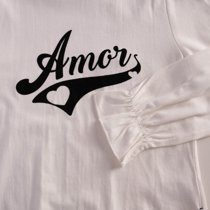 Kids Girls Tshirt in Off White with Graphic Print, Crew Neck, Soft Fabric & Flared Cuff Sleeves