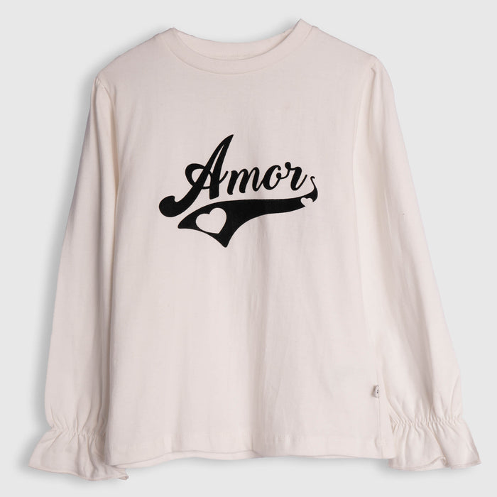 Kids Girls Tshirt in Off White with Graphic Print, Crew Neck, Soft Fabric & Flared Cuff Sleeves