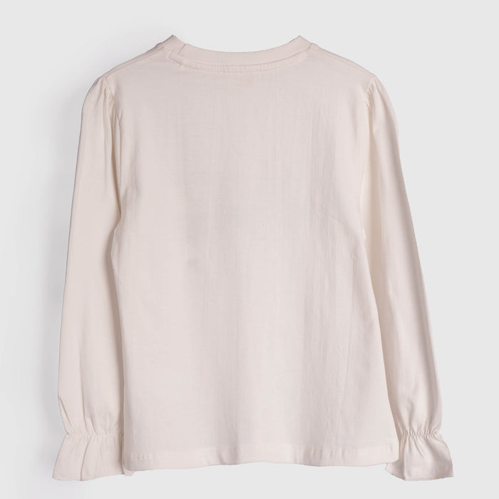 Kids Girls Tshirt in Off White with Graphic Print, Crew Neck, Soft Fabric & Flared Cuff Sleeves