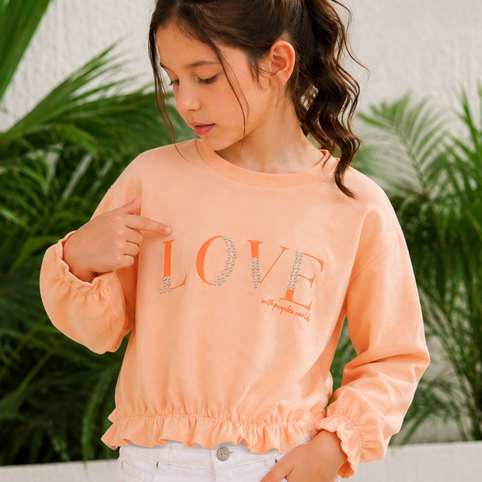 Kids Girls Tshirt in Peach with Comfort Fabric, Relaxed Fit & Star Studs Typography