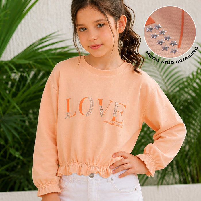 Kids Girls Tshirt in Peach with Comfort Fabric, Relaxed Fit & Star Studs Typography