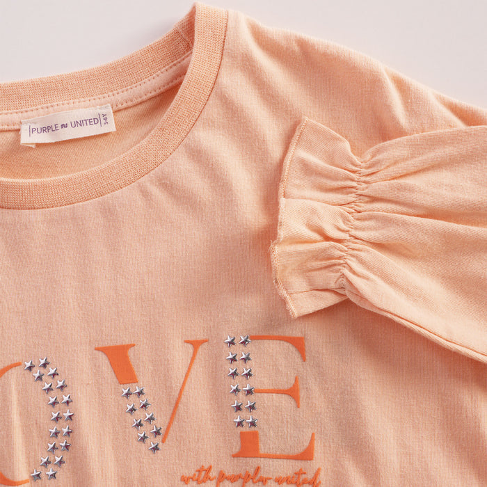 Kids Girls Tshirt in Peach with Comfort Fabric, Relaxed Fit & Star Studs Typography