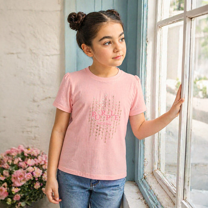 Kids Girls Tshirt in Peach with Short Sleeves, Round Neck & Soft Cotton Comfort Fit