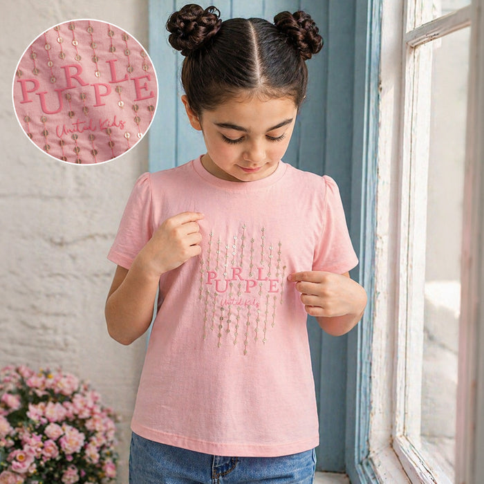 Kids Girls Tshirt in Peach with Short Sleeves, Round Neck & Soft Cotton Comfort Fit