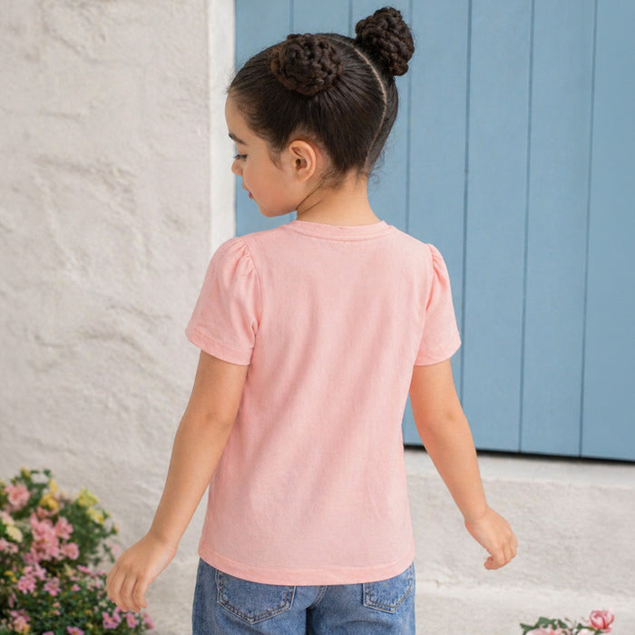 Kids Girls Tshirt in Peach with Short Sleeves, Round Neck & Soft Cotton Comfort Fit